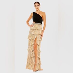 NWT Mac Duggal Black and Gold Tiered One Shoulder Gown